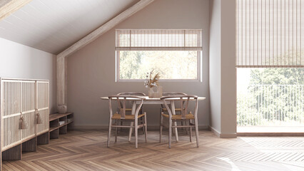 Minimal bleached wooden dining room with sloping ceiling and window in white tones. Classic table and chairs. Japandi scandinavian style, attic interior design