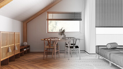 Architect interior designer concept: hand-drawn draft unfinished project that becomes real, minimal wooden dining room with sloping ceiling and window. Japandi scandinavian style