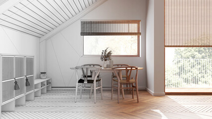 Architect interior designer concept: hand-drawn draft unfinished project that becomes real, minimal wooden dining room with sloping ceiling and window. Japandi scandinavian style