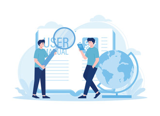 People reading and searching on the user manual guide book trending flat illustration