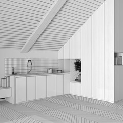 Blueprint unfinished project draft, minimal wooden kitchen. Cabinets and accessories, sloping ceiling and herringbone parquet floor. Japandi interior design