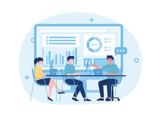 Teamwork analyzing charts business using laptop,computer concept trending flat illustration