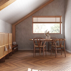 Minimal wooden dining room with sloping ceiling and herringbone parquet in white tones. Classic table and chairs. Japandi style, attic loft interior design