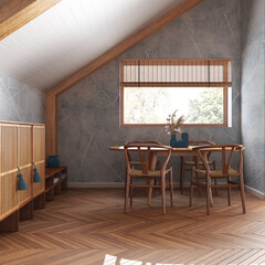 Minimal wooden dining room with sloping ceiling and herringbone parquet in white and blue tones. Classic table and chairs. Japandi style, attic loft interior design