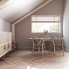 Minimal bleached wooden dining room with sloping ceiling and herringbone parquet in white tones. Classic table and chairs. Japandi style, attic loft interior design