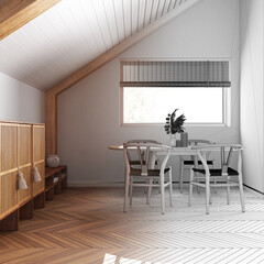 Architect interior designer concept: hand-drawn draft unfinished project that becomes real, minimal wooden dining room with sloping ceiling and herringbone parquet. Japandi style