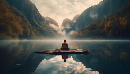 One person meditating in tranquil mountain landscape, practicing relaxation exercise generated by AI - obrazy, fototapety, plakaty