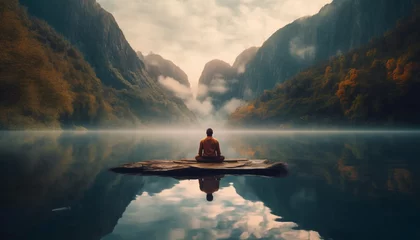 Foto op Canvas One person meditating in tranquil mountain landscape, practicing relaxation exercise generated by AI © Jemastock