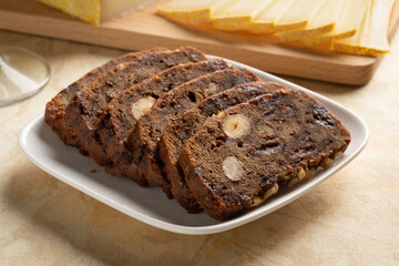 Traditional Austrian Kletzenbrot slices close up as snack food 