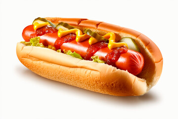 Hot dogs with different spicy toppings, isolated on white  background, Generative AI