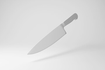 White kitchen knife floating in mid air on gray background in monochrome and minimalism. Illustration of the concept of cookery, culinary and kitchenware