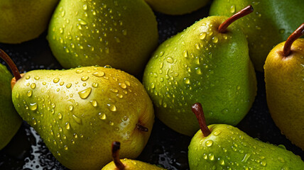 Fototapeta na wymiar Fresh ripe pears with water drops background. Fruits backdrop. Generative AI
