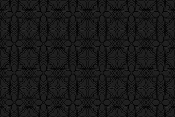Embossed unique black background, ethnic cover design. Geometric 3D pattern, press paper, leather. Boho, handmade. Tribal color, property of the peoples of the East, Asia, India, Mexico, Aztec, Peru.