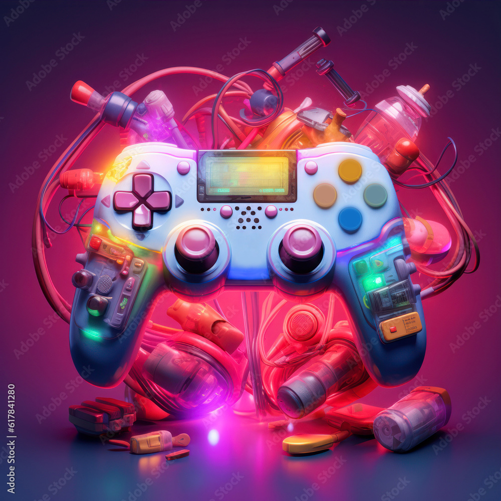 Poster gamepad on a colorful background. 3d rendering. generative ai