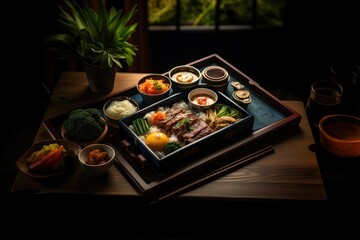 Obraz na płótnie Canvas Japanese food bento set on wooden table. generative ai