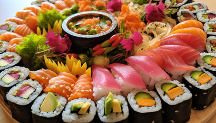 Fresh seafood meal: sashimi, maki sushi, nigiri, and California roll generated by AI