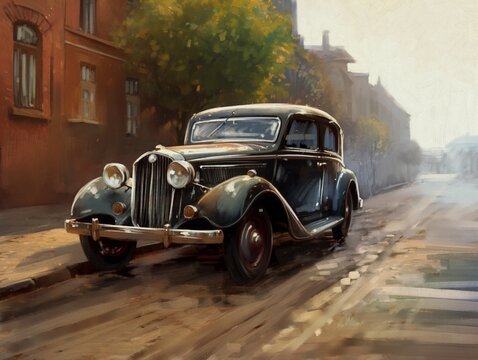 Fantastic illustration of the old city with old cars on the street. Fine art, artwork, old car in the city