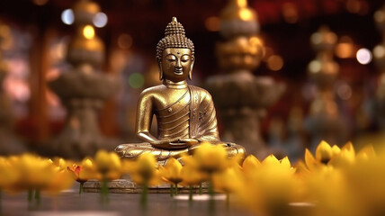 Lotus flowers and gold buddha statue. Generative AI