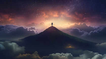 Man standing on mountaintop at night under clouds. Generative AI