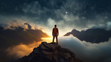 Fototapeta premium Man standing on mountaintop at night under clouds. Generative AI