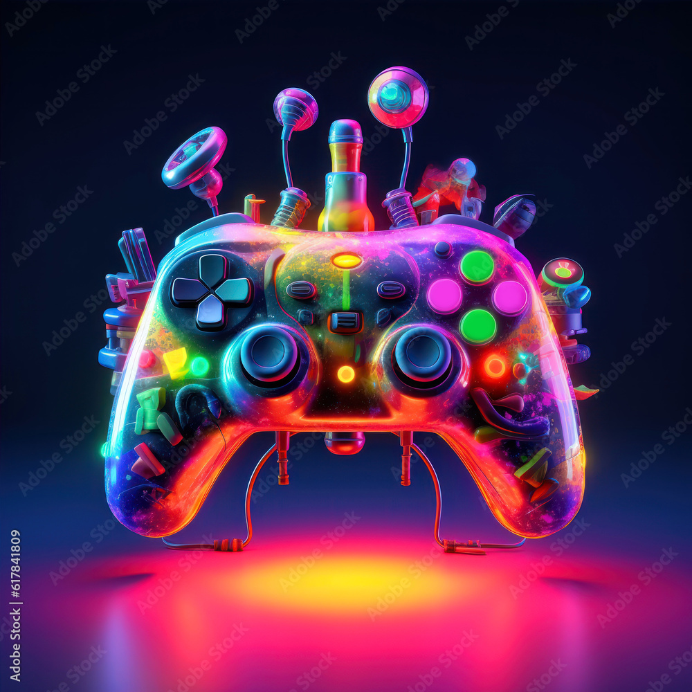 Aufkleber gamepad with colorful neon lights. 3d rendering. neon background. generative ai