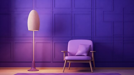 Violet room Very Peri.Chair,TV cabinet, lamp and blank canvas.Modern design interior.3d rendering