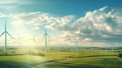 Fototapeta na wymiar Panoramic view of wind farm or wind park, with high wind turbines for generation electricity with copy space. Green energy concept. Generative AI