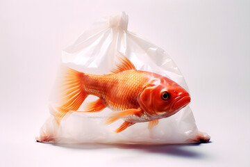 Advertising photo, plastic bag with fish, white background