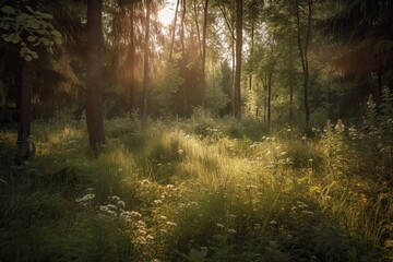 Naklejka premium Green Forest Landscape with Sunlight, Background Wallpaper