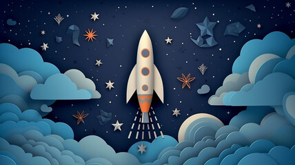 Paper cut flying space rocket in night sky, stars and clouds on blue background. Generative AI