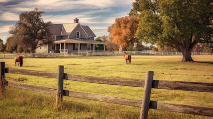 Pasture on A horse ranch with a house and fence,old farm house. Generative AI - obrazy, fototapety, plakaty