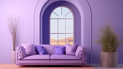 Violet room Very Peri.Sofa with pillows and arch window.Modern design interior.3d rendering