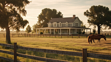Pasture on A horse ranch with a house and fence,old farm house. Generative AI