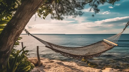 Obraz premium hammock between two palm trees in a rest area on the beach, responsible tourism