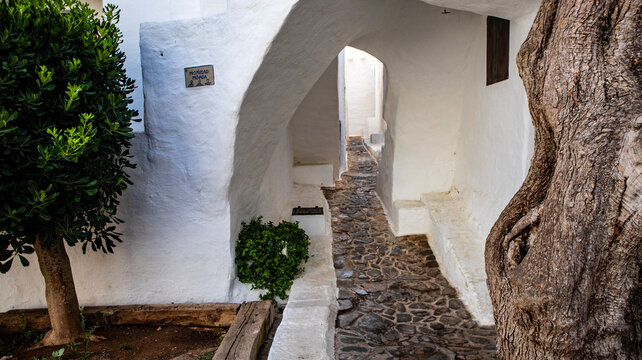 View of the alleys of the fishing village of Binibeca Vell, Menorca, Spain