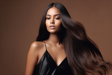Portrait of Beautiful Brunette Black Woman with Long Straight Wavy Hair Flying in the Wind. Copy Space. © fotoyou
