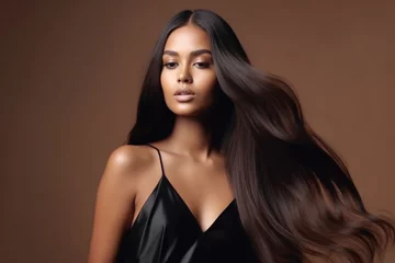 Portrait of Beautiful Brunette Black Woman with Long Straight Wavy Hair Flying in the Wind. Copy Space. © fotoyou