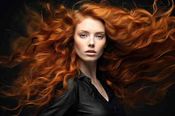Portrait of Beautiful Woman with Long Curly Red Wavy Hair. Hair Flying in the Wind. Copy Space. © fotoyou