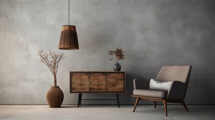 Wabi-sabi style interior mockup with chair,table,vase and floor lamp on grunge wall background.3d rendering