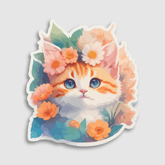 Meow day with cat flower crown illustration. Portrait of Siamese Cat with flower. Flora and fauna. Hand-drawn illustration, digitally colored.