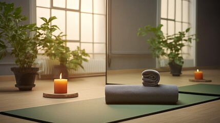 Yoga mat in yoga room with plant ,scented candle and mirror. 3d rendering