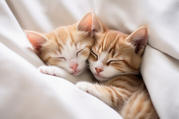 Two stripped cute little kittens sleeping cuddled up on a bed in light colors. Baby cats hugging each over on white fabric. Generative AI photo.