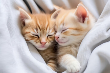 Fototapeta na wymiar Two stripped cute little kittens sleeping cuddled up on a bed in light colors. Baby cats hugging each over on white fabric. Generative AI photo.