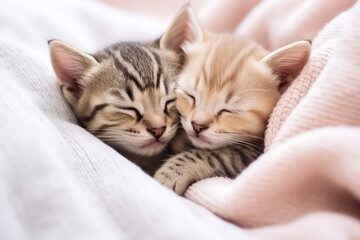 Fototapeta na wymiar Two stripped cute little kittens sleeping cuddled up on a bed in light colors. Baby cats hugging each over on white fabric. Generative AI photo.