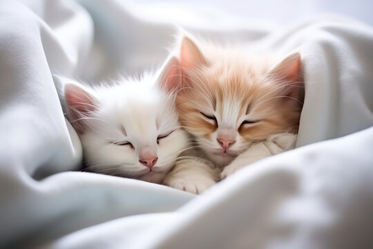 Two stripped cute little kittens sleeping cuddled up on a bed in light colors. Baby cats hugging each over on white fabric. Generative AI photo.