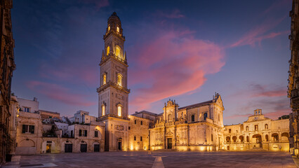 Duomo Square with the Cathedral of St. Mary Assumption (Santa Maria Assunta), the Bell Tower and the Archbishop's Palace, Lecce, Italy - obrazy, fototapety, plakaty