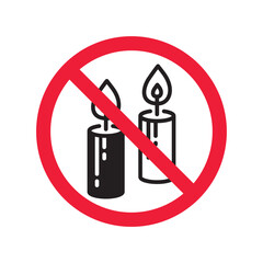 Forbidden candle icon. No candle vector sign. Prohibited Warning restriction label danger candle icon.  Caution or attention concept. No fire restriction icon. Candle flat symbol pictogram