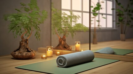Yoga mat in yoga room with plant ,scented candle and mirror. 3d rendering