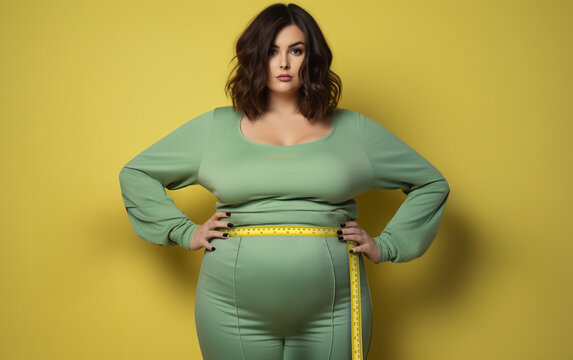 A plus size woman measures her waist circumference with a tape measure