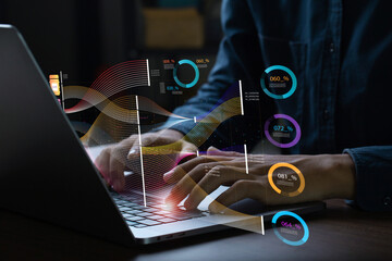 Analysts use computers to analyze and visualize complex data on a virtual screen. Big data technology and data science to gain insights and understand business analytics.artificial intelligence. - obrazy, fototapety, plakaty